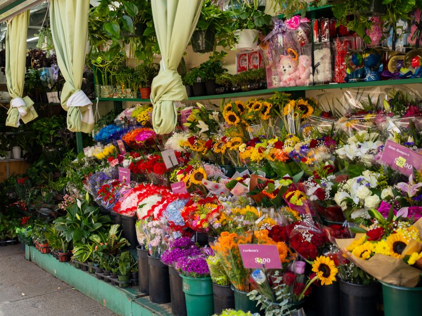 A vibrant floral display at a flower shop featuring a diverse selection of fresh flowers arranged in black and green buckets and wrapped bouquets. Prominent flowers include bright yellow sunflowers, r