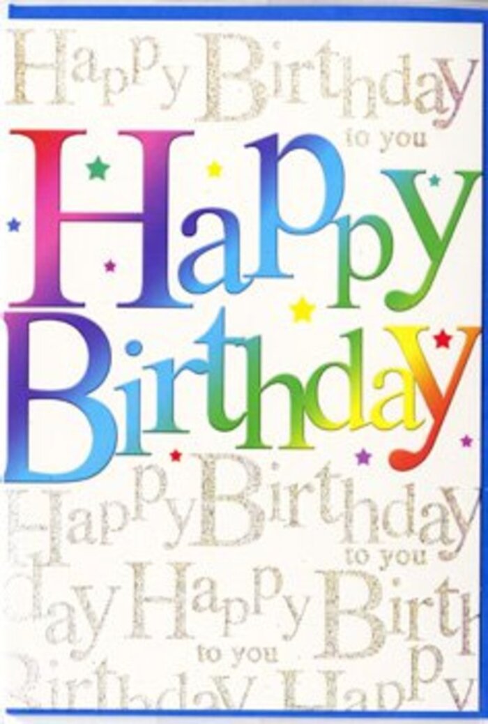 A richly decorated birthday card is shown in close-up, its design echoing the lively yet relaxed charm of Barnes on a sunny day. The central feature is the phrase Happy Birthday, printed in a series of large, rounded letters that seem to float just above the surface. Each letter glows with a gently blended gradient, so the colours glide from deep pinkish red into tangerine and sunshine yellow, then unfold into vibrant lime green, clear sky blue, deeper navy, and finally a lush violet. There are no harsh separations, only soft transitions, like watching colours bleed together in watercolour along the Thames embankment. This rainbow effect makes the message look full of motion and life, as if it's joyfully stretching out to greet the recipient. Behind the main text, the background is elegantly patterned with repeated lines of Happy Birthday to you in slim golden handwriting. The cursive script is light and looping, forming a gentle rhythm across the card, like ripples spreading over the river near Barnes Bridge. The gold ink seems to glint and fade as though responding to changes in light, giving the impression of a quiet, constant celebration humming underneath the bold greeting. Around the lettering, tiny stars and dots of colour appear here and there, adding a hint of confetti and spontaneity. The card's overall finish looks smooth and slightly glossy, mirroring light the way shop windows do along Barnes High Street. This combination of bright, playful typography and refined metallic script makes the card feel both modern and heartfelt, well-suited to a milestone birthday or a simple, sincere wish delivered with a fresh bouquet to a home near Barnes Common.