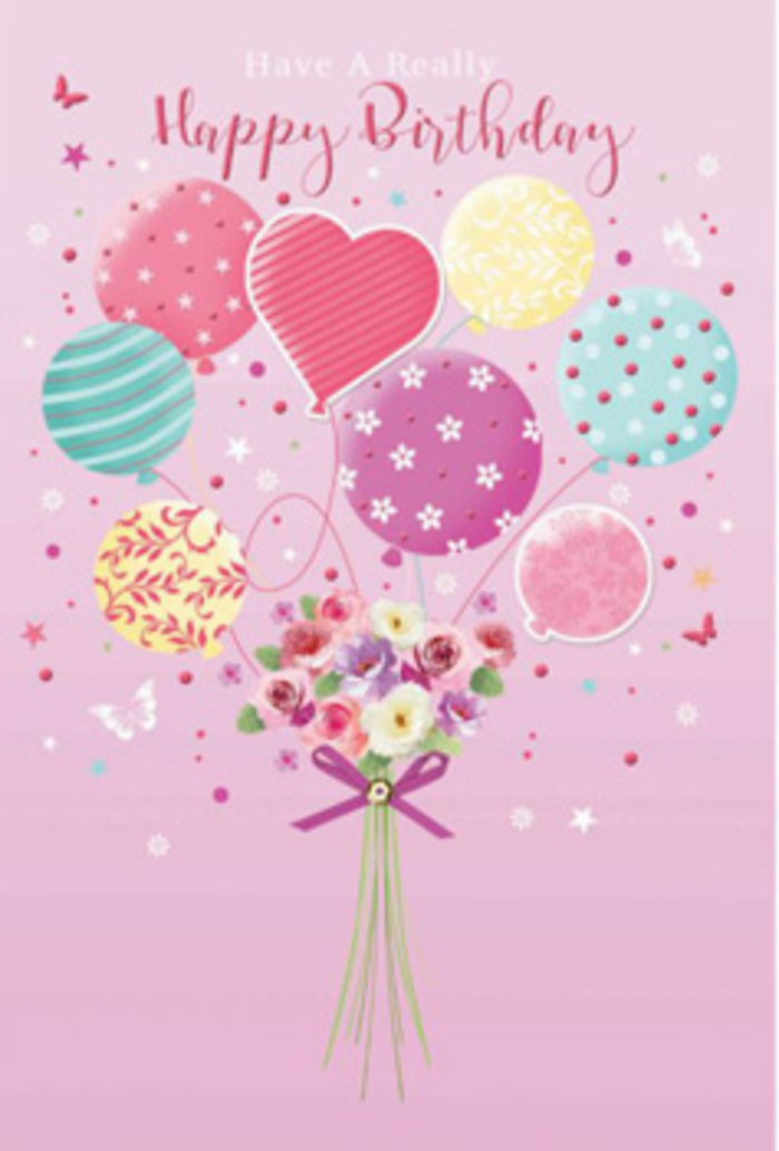 Charming birthday card artwork showing a pastel balloon bouquet lifting a hand-tied cluster of flowers, with the tranquil, leafy character of Barnes subtly woven through. The background is a soft pink wash, gentle and understated, allowing the central elements to glow. A group of rounded balloons in shades of blush, minty sea green, lemon yellow, and lilac purple rises from the centre, each one embellished with its own pattern: some carry smooth, curling stripes that spiral around the surface; others are sprinkled with joyful polka dots or tiny stylised blooms. They seem to float lightly, like balloons drifting above Barnes Pond on a still morning. At the base, connected by invisible strings, sits a compact floral bouquet composed of petite roses and small, daisy-inspired flowers, presented in a mix of creamy ivory, delicate blush, and muted mauve. The petals look layered and plush, as if freshly arranged by an experienced florist on Church Road, their imagined fragrance soft and comforting. Around the stems, a deep purple satin bow is tied with care, its sheen catching highlights that give the illustration a gift-wrapped feel. Scattered stars and butterfly silhouettes hover and dance around the design, evoking movement and a little magic, like children running with balloons through the green spaces of Barnes Common. The overall lighting feels warm yet subtle, bathing the balloons in a gentle glow and giving the flowers a natural, radiant softness. The result is a quietly joyful birthday scene that turns a simple greeting into a floating moment of affection and thoughtful design.