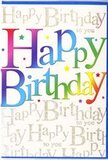 This birthday card captures the spirit of a joyful gathering in Barnes, translated into colour and ink. Taking centre stage, the words Happy Birthday are written in bold, rounded letters that stride confidently across the card from left to right. Each letter shimmers with a smooth gradient, transitioning from rich reds to zesty oranges, mellow golds, bright greens, turquoise blues, deep cobalt, and heathered purples. The colours shift so subtly that they resemble the changing tones of the sky over Barnes Common as evening approaches, giving the design a sense of movement and warmth. The letters themselves have a slightly soft-edged appearance, as though printed with a velvety finish that stands out gently from the flat background. Behind this exuberant rainbow message, the backdrop is covered with fine golden script, delicately repeating Happy Birthday to you in looping, elegant cursive. The metallic writing forms an intricate, shimmering layer, glinting in the light like reflections on the Thames near the riverside path. This gold chorus supports rather than competes with the main text, creating depth and a feeling of many voices joining the celebration. Small specks and star-like shapes scattered between the lines add to the sense of confetti and sparkling excitement. The card's surface appears glossy yet refined, ideal for sitting beside a birthday cake at a home off Station Road or displayed on a windowsill overlooking Barnes Pond. Overall, the design feels festive, contemporary, and warmly personal, perfectly suited to accompany a hand-delivered bouquet from a local Barnes florist for a memorable birthday moment.