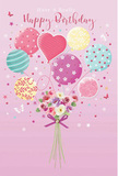 Softly whimsical birthday card illustration where a pastel bouquet of balloons carries a cluster of flowers, mirroring the relaxed elegance of Barnes. Set against a gentle pink background, a collection of balloons in blush, sea green, lemon, and lavender rises upward, their rounded forms highlighted with subtle shading that suggests a glossy, light-catching surface. Each balloon is uniquely decorated-fine swirling stripes wrap around some, playful polka dots skip across others, while a few feature delicate floral or star-like patterns reminiscent of gardens and open skies above Barnes Common. They gather in a loose cluster, giving the sense of an uplifting, carefree celebration. At the base of the composition is a hand-tied bouquet of petite roses and soft, anemone-style blossoms in creamy ivory, blush pink, and pale mauve. The petals are drawn with a velvety softness, overlapping in gentle layers as though they've been freshly chosen from a local Barnes florist. Their stems are bound by a violet satin bow, tied precisely, its sheen adding a refined, almost luxurious touch. Around the bouquet and balloons, tiny butterflies and star shapes drift and sparkle, bringing a light fairy-tale quality, as if the scene were caught in a happy daydream beside the river. The whole artwork is bathed in warm, diffused light, giving the impression of a calm, celebratory afternoon. It feels like a tender birthday greeting designed to make someone in Barnes feel cherished and remembered, with colour, softness, and a hint of riverside magic.